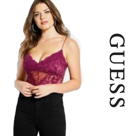 New! Guess lace v neck bodysuit plum - Picture 1 of 6
